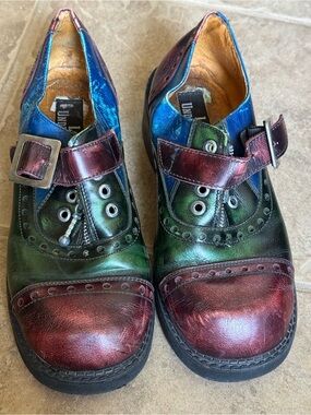 Vintage rare London Underground Multicolor Leather Platform Shoes - Blue, Teal